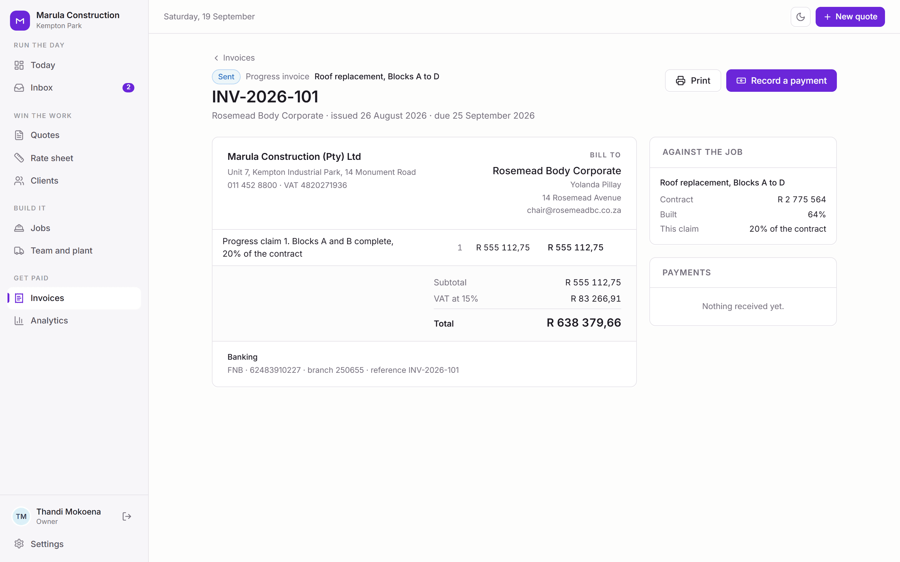 Invoice INV-2026-101 raised against the roof replacement job for the work built to date