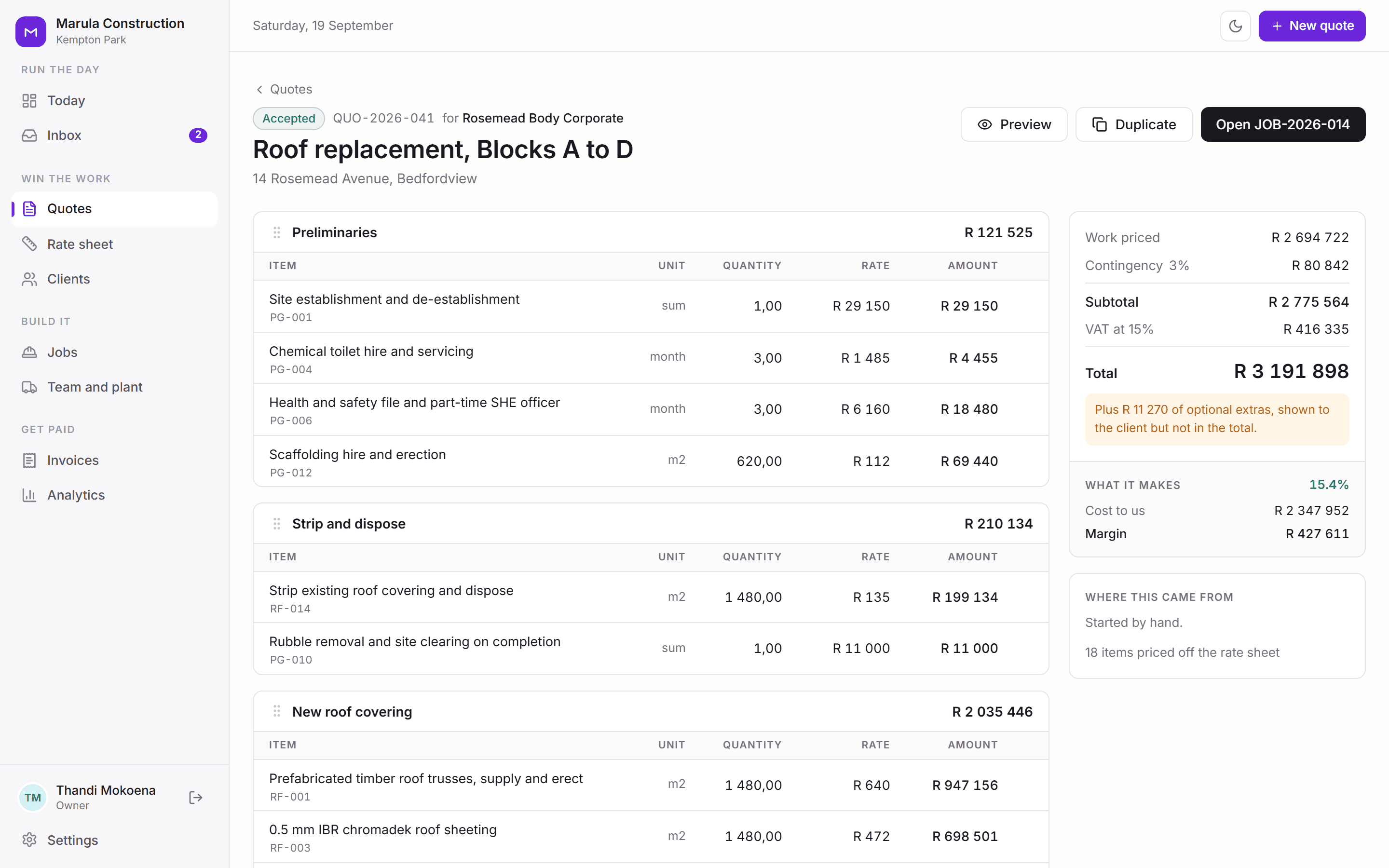 The quote builder: roof replacement, blocks A to D, priced in sections off the rate sheet, with the margin shown