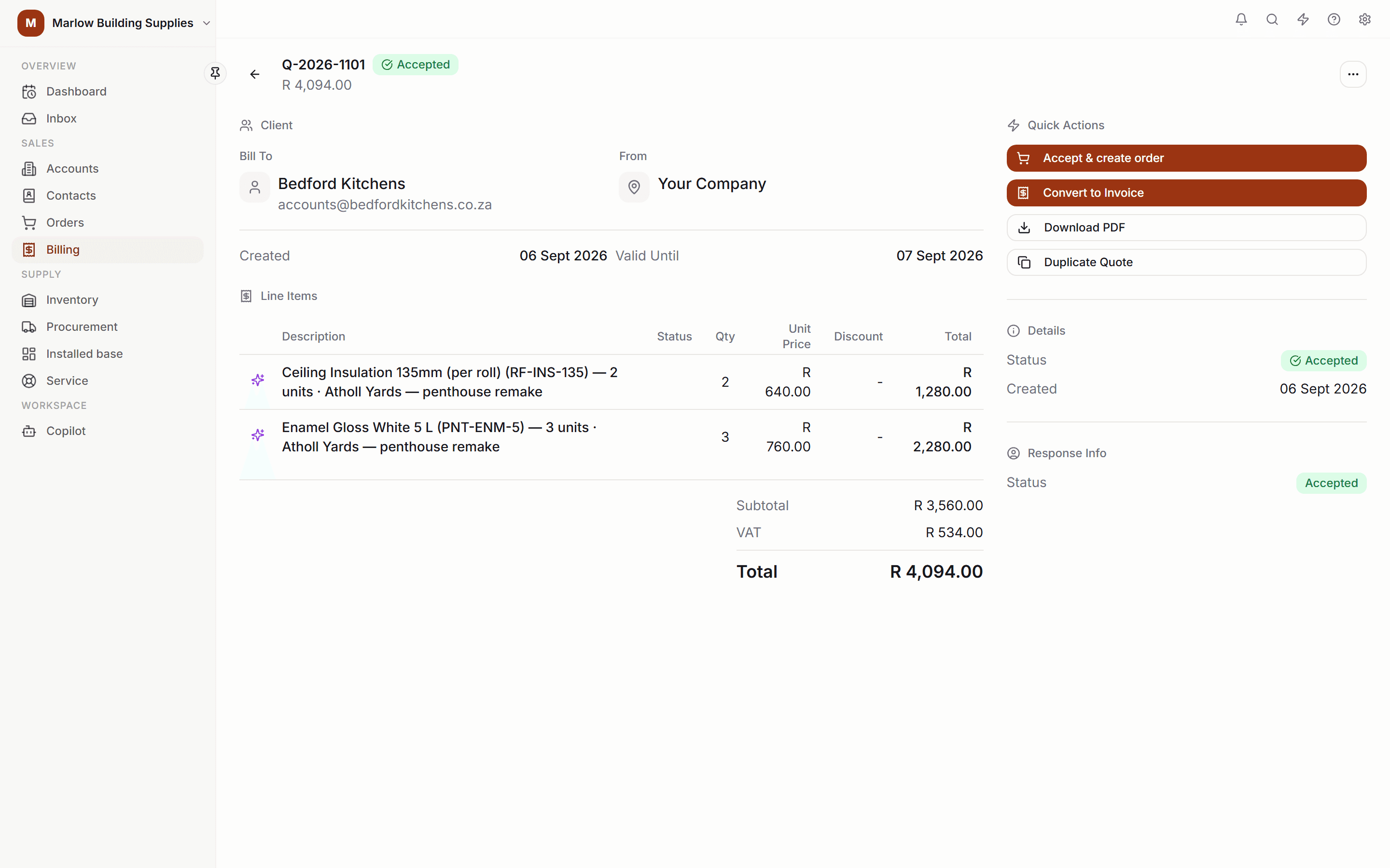Marlow Building Supplies: quoted off the schedule